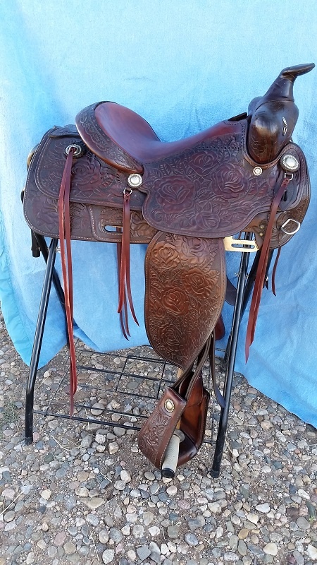 Side view rose pattern saddle after restoration